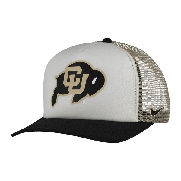 A white front foam trucker hat with a black bill. Featuring Vegas Gold accents and a Vegas Gold C-U Buffalo logo.
